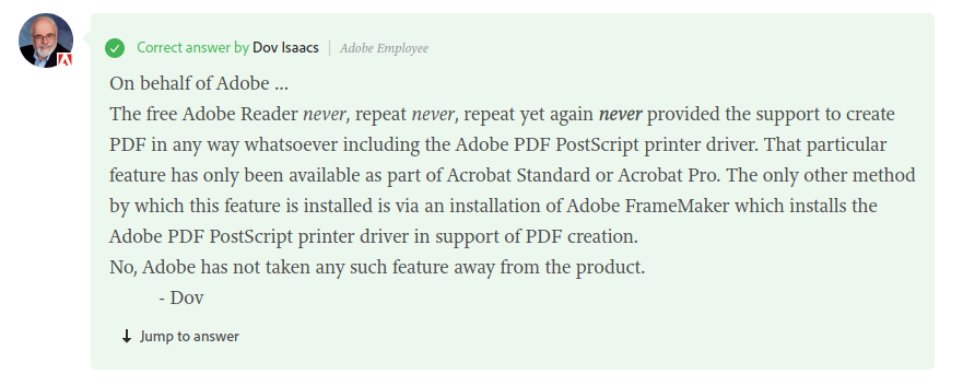 Adobe Reader never provided a PDF printer