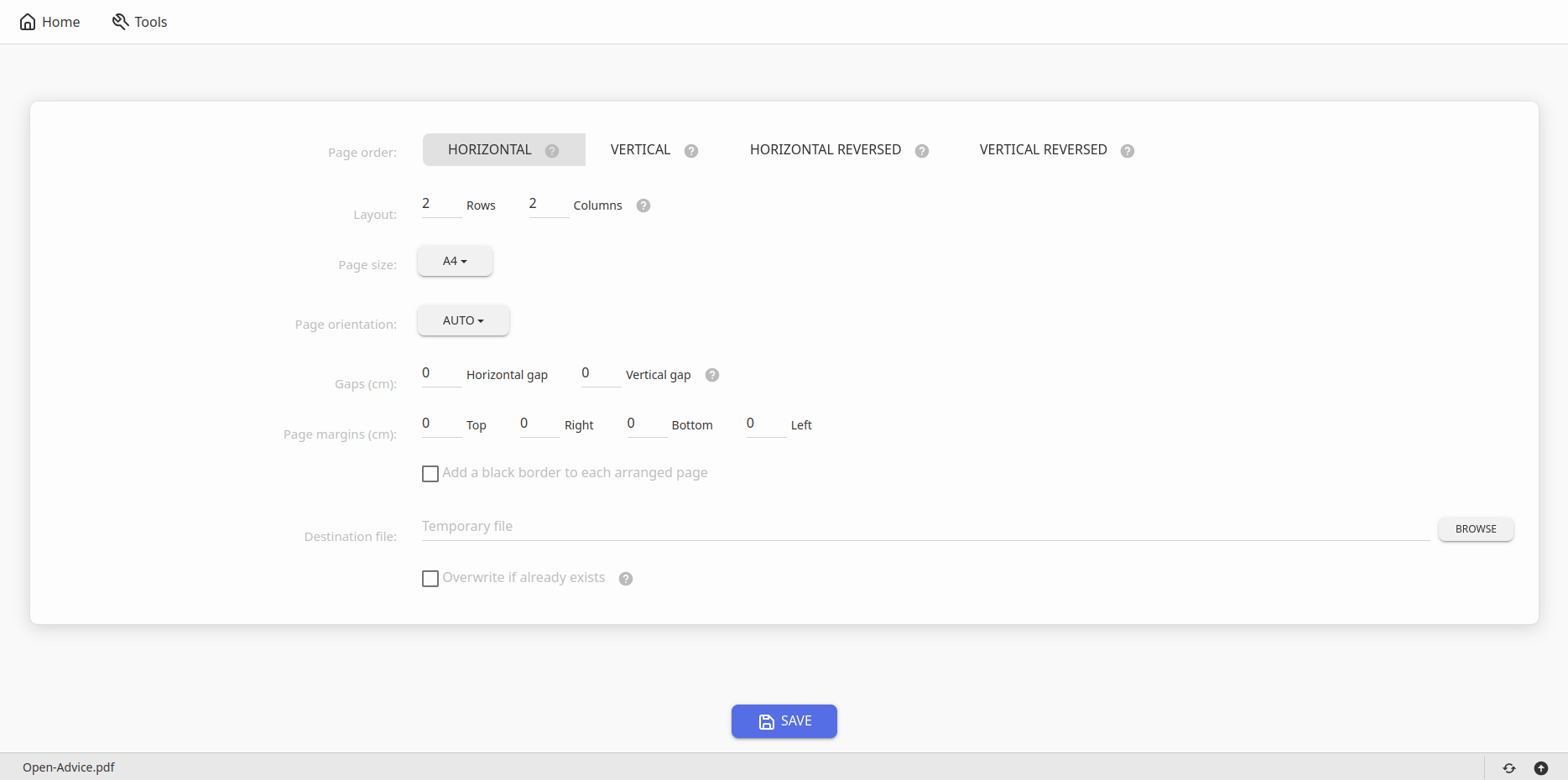 The PDFsam Visual screen to perform N-up printing on multiple PDF files